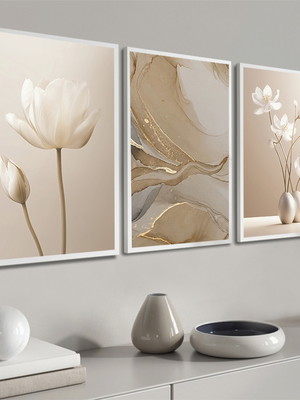Kit 3 quadros decorativos abstrato bege boho flores moldura