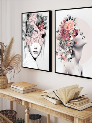 Kit 2 quadros mulheres floridas luxo com molduras