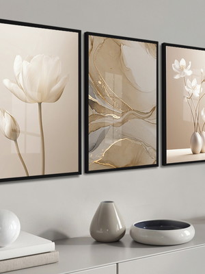 Kit 3 quadros decorativos flores abstrato bege boho vidro