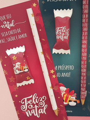 Lembrancinha de natal cartão com bombom e lápis