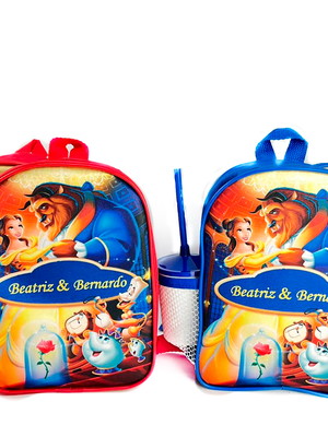 Mochila com porta garrafa a bela e a fera - lembrancinhas