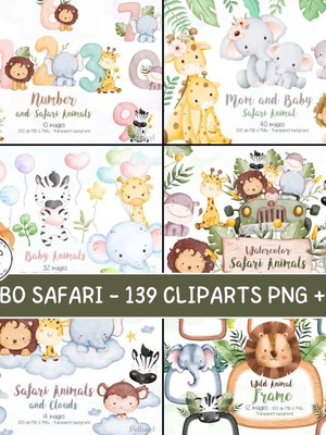 Combo safari aquarela - 6 kits digitais
