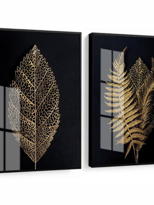 Quadros decorativos folhagem dourada moderno 60 x 80 vidro