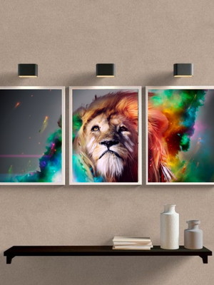 Kit 3 quadros decorativos leão juba colorida-a4 com vidro