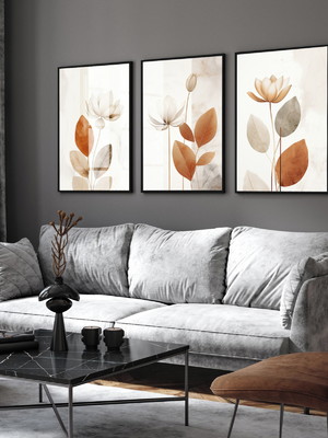 Kit 3 quadros decorativos abstrato folhagem moderna vidro