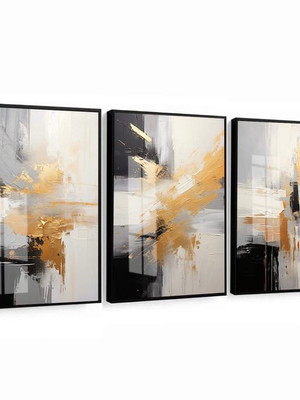 3 quadros abstrato geométrico preto dourado gold moldura