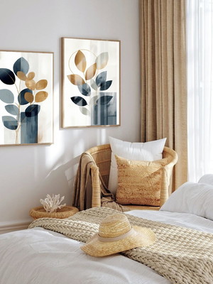 Kit 2 quadros folhagem azul dourado com moldura e vidro