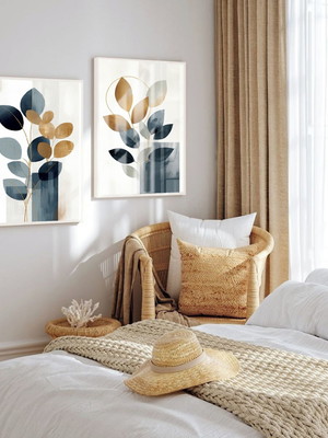 Kit 2 quadros folhagem azul dourado com moldura e vidro