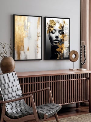 Kit 2 quadros mulher florida luxo abstrato dourado molduras
