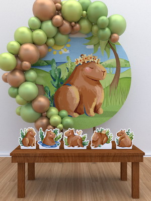 Kit festa redondo capivara filó flores painel + display
