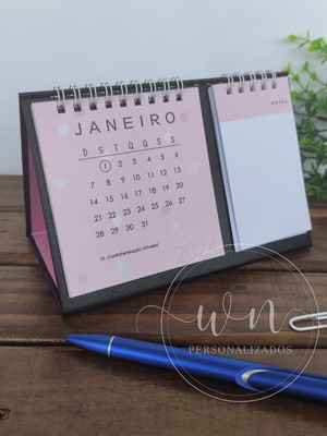 Calendário de mesa com anotações 2025 - rosa/ preto