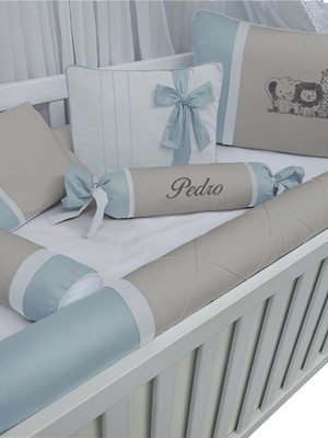 Kit berço menino cinza e azul algodão