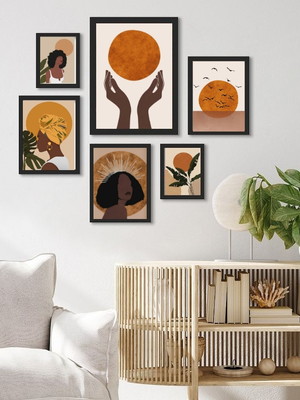 Kit composição 6 quadros bohos lua com mulheres negras
