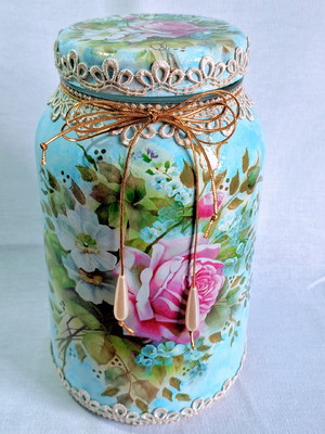 Pote de vidro g azul claro c/ decup. rosas - 16x16x25cm