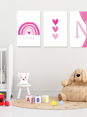 Kit 3 quadros boho coração rosa personalizado nome