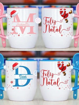 Caneca com colher natal personalizada nome (uni) - promoção