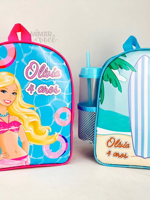 Mochila com porta garrafa personalizada - barbie e ken