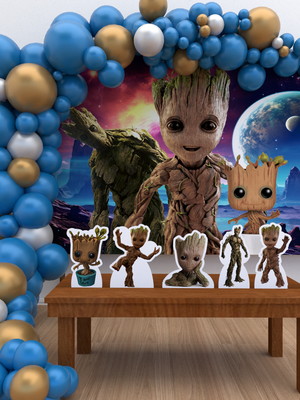 Kit festa ouro painel + display + fita eu sou o groot