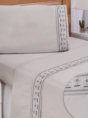 Jogo de lençol cama solteiro bordado tulipa cinza 3pçs
