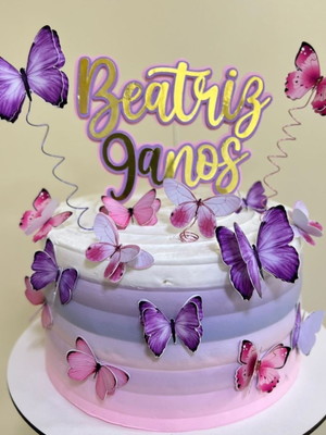 Topo de bolo borboletas rosa lilas topper personalizado