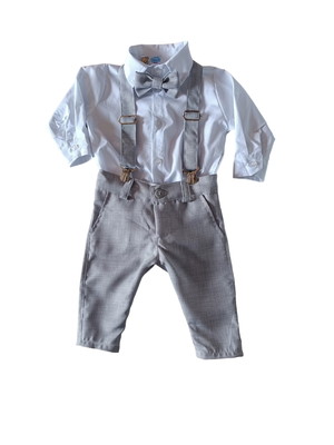 Conjunto com suspensório para bebê cinza mescla