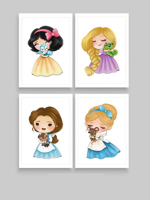 Kit quadros decorativos princesas aquarela