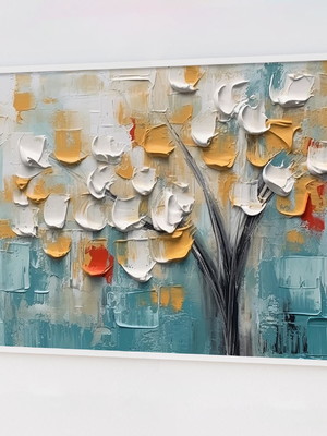Quadro arte abstrata, ramo de folhes, textura pinceladas