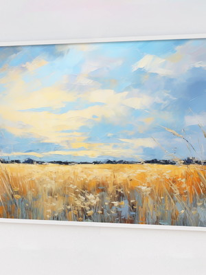 Quadro arte, campos de pinceladas, azuis celestes e dourado