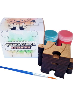 Kit quebra cabeça mdf 16 peças com tintas e pincel