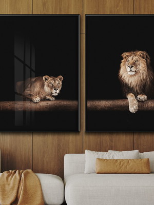 Duo quadro decorativo casal leão e leoa com vidro
