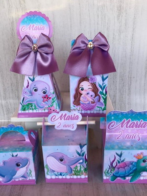 Kit 20 caixas personalizadas sereia fundo do mar lilás