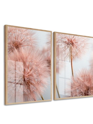 2 quadros flores rosas fundo rose gold dente de leão