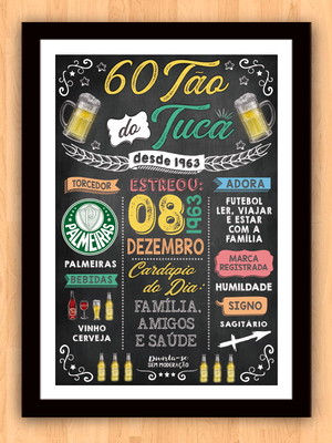 Chalkboard quadro poster c/ moldura aniversário 60 anos