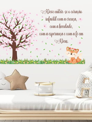 Adesivo de parede arvore flores rosas raposa frase aquarela