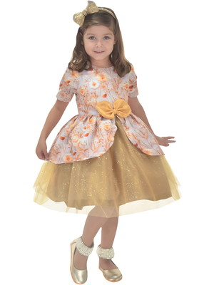 Vestido infantil floral tule dourado glitter