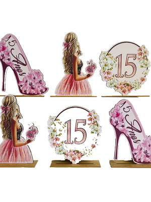 Kit display de mesa 6 peças festa aniversário 15 anos mdf