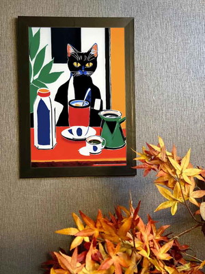 Gato café quadro com moldura 33x24cm
