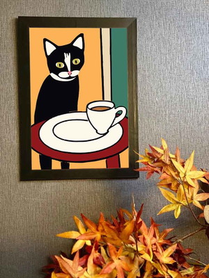 Gato café quadro com moldura 33x24cm