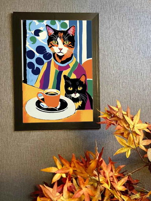 Gato café quadro com moldura 33x24cm