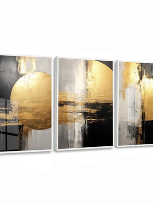 Quadro decorativo abstrato tons de dourado e preto com vidro