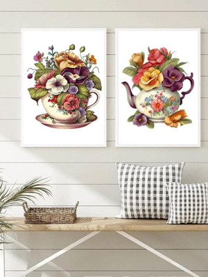 Kit 2 quadros cozinha vintage café com flores-a4 com vidro