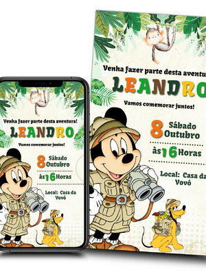 Convite digital tema mickey safari para whatsapp mod 001