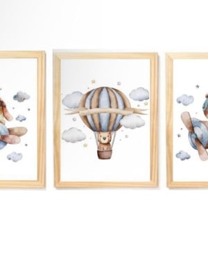 Kit quadro infantil a3 decorativo urso aviador quarto bebê