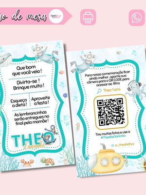 Cartão de mesa:agradecimento, intruções e qr code da moldura