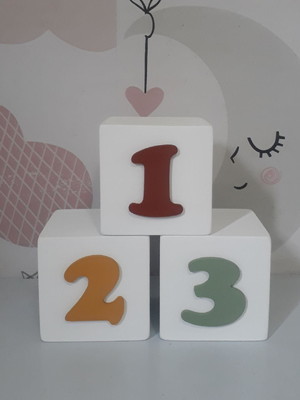 Kit 3 cubos 6x6 números 1 2 3 decoração infantil mdf