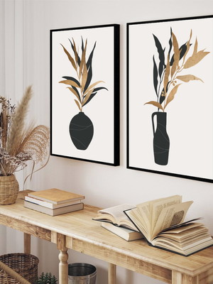 Kit 2 quadros flores tons claros vaso de folhas minimalista