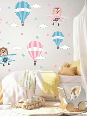 Adesivo de parede urso aviador balão quarto gêmeos rosa azul