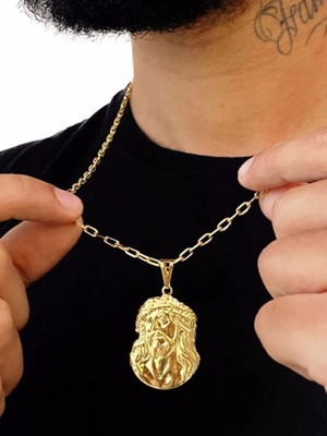 Corrente e pulseira masculina banhada a ouro pingente jesus