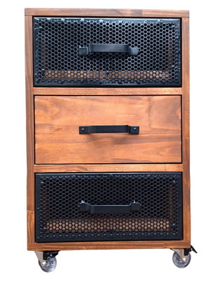 Mesa de cabeceira estilo industrial com 3 gavetas 4 rodízios