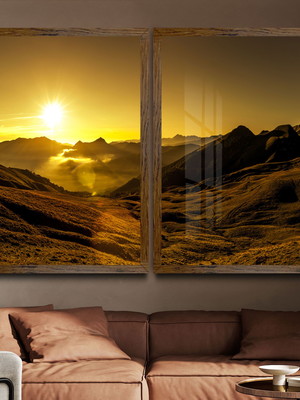 Duo quadro decorativo paisagem montanha sol com vidro